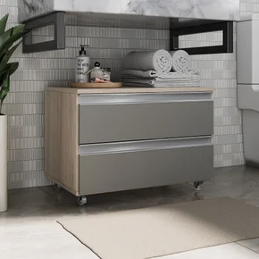 gabinete banheiro rodinhas joia 60cm 02 gavetas madeirado cinza