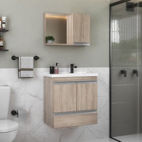 conjunto gabinete banheiro fox 60cm madeirado