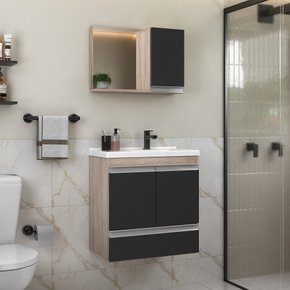 conjunto gabinete banheiro fox 60cm madeirado preto