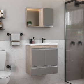 conjunto gabinete banheiro fox 60cm madeirado cinza