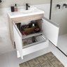 conjunto gabinete banheiro fox 60cm madeirado branco detalhe gabinete aberto decoorado
