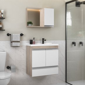 conjunto gabinete banheiro fox 60cm madeirado branco