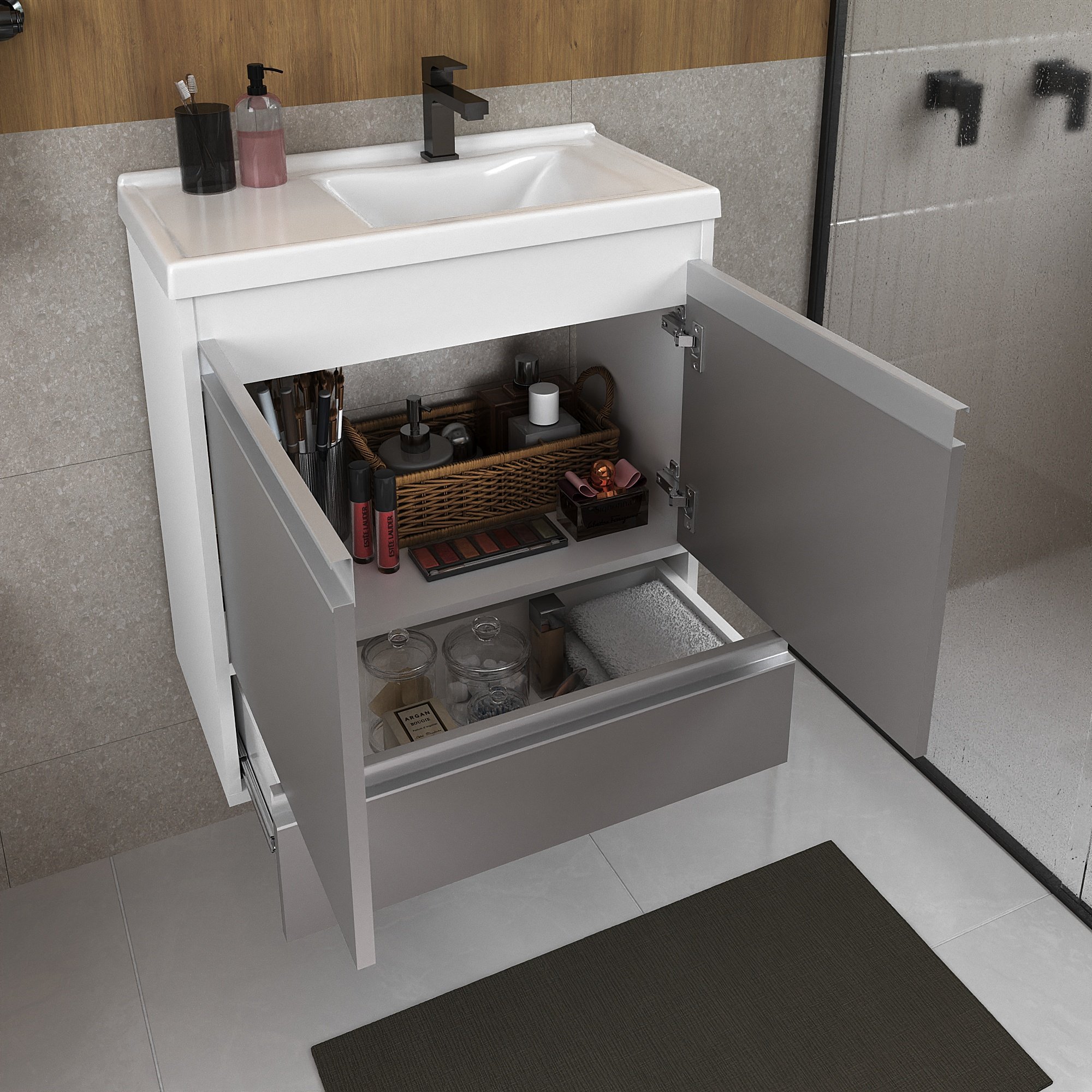 Conjunto Gabinete Banheiro Fox 60cm (gabinete + Cuba + Espelheira