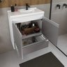 conjunto gabinete banheiro fox 60cm branco cinza detalhe gabinete aberto decorado