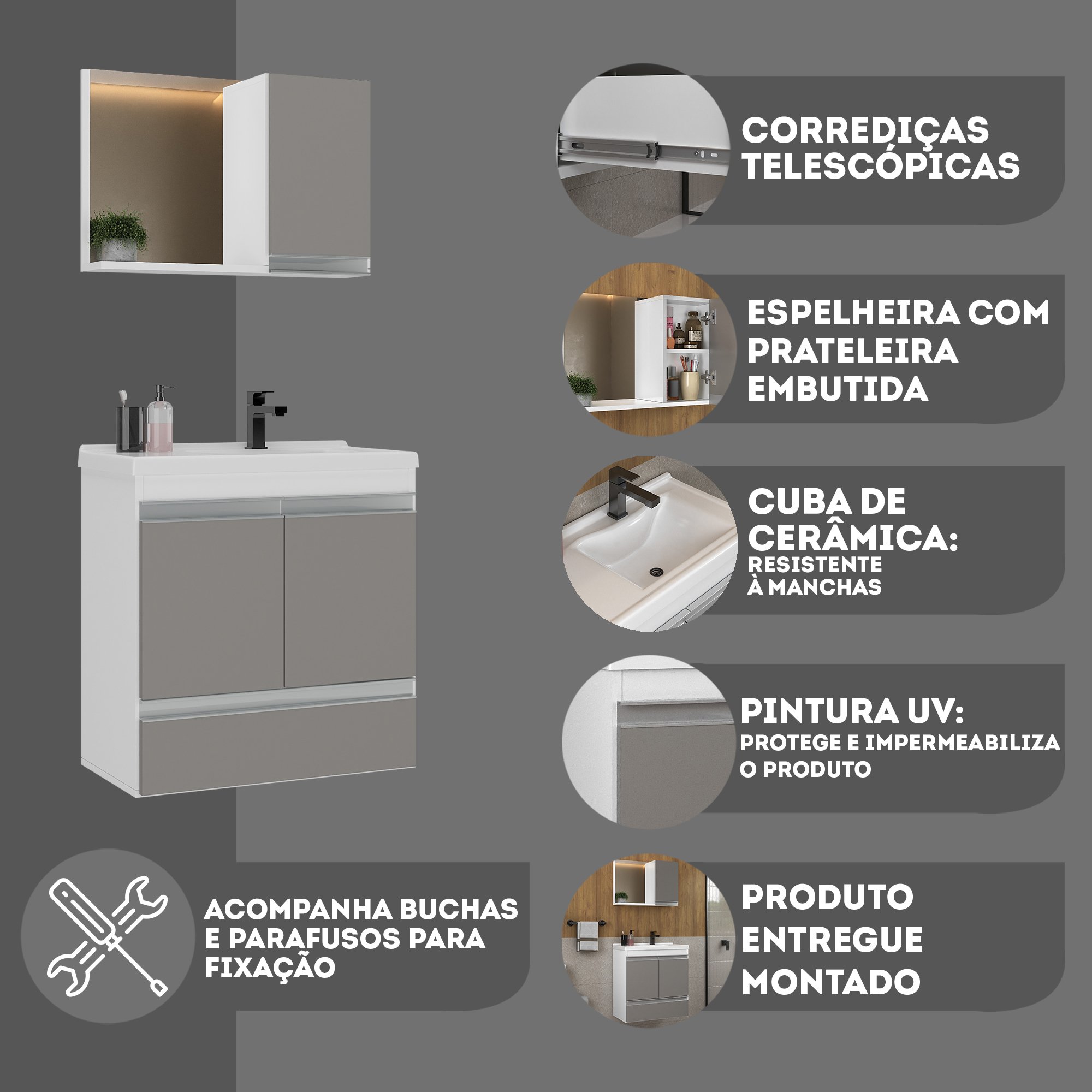 Conjunto Gabinete Banheiro Fox 60cm (gabinete + Cuba + Espelheira