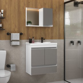 conjunto gabinete banheiro fox 60cm branco cinza