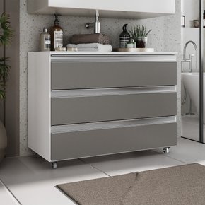 gabinete banheiro rodinhas joia 80cm 03 gavetas branco cinza ambientada