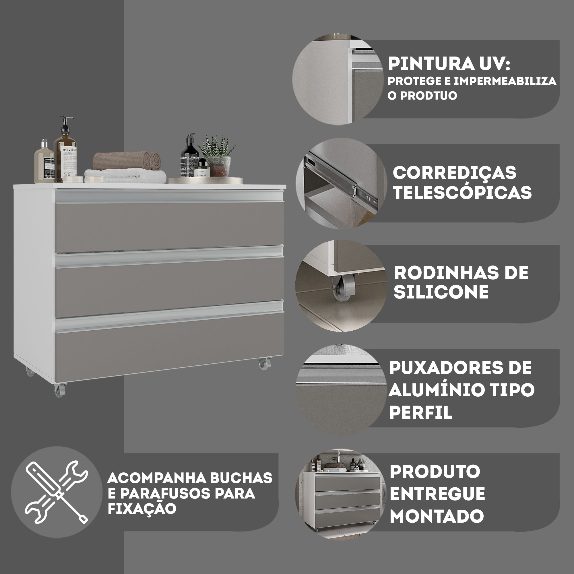 Gabinete Banheiro Rodinhas JOIA 80CM 02 GAVETAS - Móveis Joia