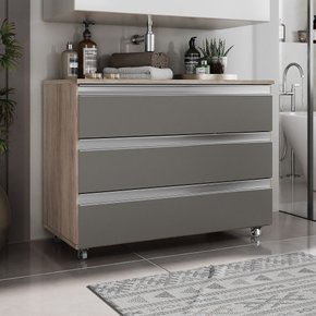 gabinete banheiro rodinhas joia 80cm 03 gavetas madeirado cinza ambientada