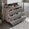 gabinete banheiro rodinhas joia 80cm 03 gavetas madeirado cinza detalhe aberto decorado