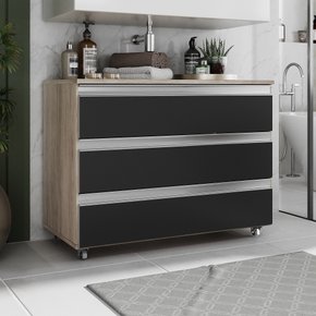 gabinete banheiro rodinhas joia 80cm 03 gavetas madeirado preto ambientada