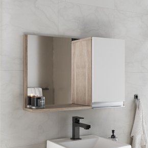 conjunto gabinete banheiro virtus 60cm madeirado branco detalhe espelheira fechada