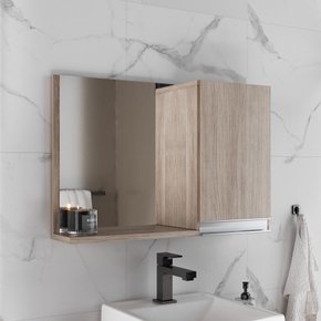 conjunto gabinete banheiro virtus 60cm madeirado inteiro detalhe espelheira fechada