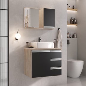 conjunto gabinete banheiro virtus 60cm madeirado preto sem vidro 1 ambientada
