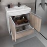 conjunto gabinete banheiro fox 60cm branco madeirado detalhe gabinete aberto decorado