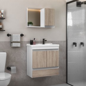 conjunto gabinete banheiro fox 60cm branco madeirado