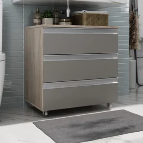 gabinete banheiro rodinhas joia 60cm 03 gavetas madeirado cinza