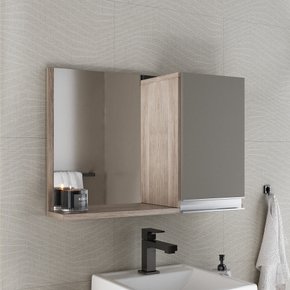 conjunto gabinete banheiro virtus 60cm madeirado cinza detalhe espelheira fechada